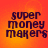 Four identical display the text 'super money makers' in dark purple pixelated font against a gradient orange background