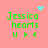 Pixelated green text 'Jessica hearts U 9.4' on pink background with cyan heart and starburst animations.