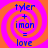 Four identical display blue text on a pink and orange spiral background with 'tyler + iman = love' in pixelated font