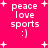 A bright pink background with white text reading peace love sports :) and scattered white plus signs, with slight variations in text and plus sign positions across frames.