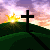 A pixelated scene with a black cross on a hill at sunset, next to green text reading 'Original Icons .com' on a dark background.