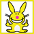 A 2x2 contact sheet of a yellow cartoon bunny mascot with pink nose and gray antennae, alongside text frames reading "FUCK YOU" and "dip shit", all in pixelated green-yellow font on white backgrounds with yellow borders.