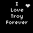 Black background with white pixelated text "I Love Troy Forever" and four distinct animated symbols above the first word.