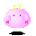 A 4-frame pixel art animation of a pink slime-like character with yellow crown, red X cheeks, and black shadow base on gray background.