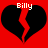 Two identical black broken heart shapes on a red background, each with the text 'Billy' in white pixelated font above.