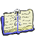Animated sequence of a blue-bound journal with yellowed pages, showing page-turning motion and text changes.