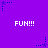 Purple background with repeated white 'FUN!!!' text and blue star-shaped pixel art elements arranged in a pattern