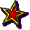 Two pixelated star-shaped icons with yellow outlines and purple shadows on a gray background, one red-centered and the other green-centered.