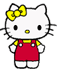 Hello Kitty character with yellow bow, red overalls, and yellow shirt in two poses against gray background.