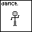 A 3x3 contact sheet of seven animated stick figure dance frames with "dance." text above each frame, showing sequential motion from standing to falling over.