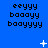 Blue background with repeated pixelated text 'eeyyy baaayy baayyyy' in black, scattered white star and dot animations.