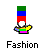 Two side-by-side pixel art frames of a cartoon character with a tall rainbow hat, yellow arms, and pink pants against a gray background, labeled "Fashion" and "Statement" respectively.