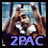 Static pixelated image of a cartoon character with light brown hair wearing a white shirt, holding a microphone in front of a blue background with purple text reading "2PAC" at the bottom.