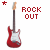 Red electric guitar icon with white pickguard and brown neck, accompanied by red 'ROCK OUT' text above a small pink star on white background.