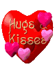 Red heart-shaped icon with 'Hugs & Kisses' text and floating pink hearts in six variations.