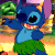 Pixelated 50x50 buddy icon featuring Stitch from Lilo & Stitch in a hula pose with green grass skirt, blue body, black eyes, and purple background on left; right side shows "Original Icons .com" text on dark green background.