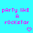 Pixelated cyan background with pink text reading 'party like a rockstar' and two pixel hearts below, displayed in mirrored pairs.