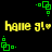 Yellow pixelated text 'hate g!.' with green square patterns on black background, showing repeated motion of green squares shifting positions.