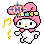 Pixelated character with pink bunny ears and a white body, wearing a blue-and-yellow headband with 'H' symbol, in six sequential poses showing movement.