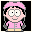 Pixelated cartoon character with pink hair and jacket, light skin, black pants, two braids, smiling face, one eye closed in second frame.