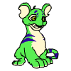 Green cartoon animal with blue stripes sits facing left, tail curled right; expression shifts from smiling to winking across frames.