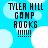 Blue background with white cloud shapes and black text reading "TYLER HILL CAMP ROCKS !!!!!" in pixelated font.