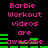Pixelated text in pink and green on black background reads "Barbie Workout videos are awesome" with horizontal green bars below the word "awesome".