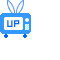 Blue pixelated TV with bunny ears displays 'UP' text on left screen, then purple striped pattern on right screen against gray background.
