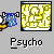 Pixelated cartoon character with white head and yellow body holding blue object, standing before yellow maze-like background with 'Psycho' text below.