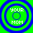 Four identical circular icons with blue concentric rings on a green background, each displaying 'YOUR MOM' text in white pixelated font.