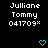 Pixelated text displays 'Julliane Tommy 041709' with blue heart and arrow symbols on black background, transitioning between static and animated states.