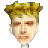 Pixelated portrait of a person with light brown hair styled upward, neutral expression, and visible neck against gray background.