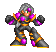 Pixelated character with gray hair and purple eyes in a fighting stance, wearing black armor with pink and orange accents on a gray background.