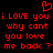 Red pixelated text on black background with heart symbol above, repeating 'i LOVE you i LOVE you why cant you love me back ?' in two