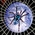 A circular blue and white pixelated icon with a central spider-like figure on a black grid background.