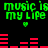 Green pixelated text "music is my life" repeated twice with red audio equalizer bars and small green hearts on black background.
