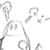 Pixelated grayscale stick figure icon with abstract curved shapes and a rounded head, appearing to hold or interact with floating elements against a transparent background.