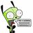 Pixelated cartoon alien with green skin, large white eyes, and black antennae holding a gray keyboard; adjacent robot with blue eyes and pink object.