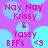 Pixelated text on a purple background with light blue circles, displaying 'Nay Nay Krissy & Yassy BFFs <3' in pink and red lettering.