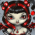 Pixelated character with pale skin, red eyes, and black hair styled in pigtails adorned with large red bows against a gray background.