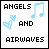 Pixelated icon with 'ANGELS AND AIRWAVES' text, blue musical notes and hearts on white background.