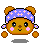 Pixelated cartoon bear with brown fur, blue bandana with white crosses, pink cheeks, and orange paws, shown in four expressions with mouth and eye changes.