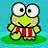 Two side-by-side pixelated frames of a green cartoon frog character wearing red and white striped shorts standing on grass against a blue background.