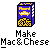 Pixel art animation showing Mac & Cheese preparation: a box pours yellow contents into a pot, which then steams and fills with food, ending with a 'Yum!' text.
