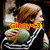 Pixelated image of a character with brown hair in a black and white striped shirt holding a green object, with text overlays.