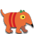 Pixelated orange cartoon animal with red stripes, a single yellow eye, green tuft on head, black nose, and tail against gray background.