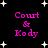 Black background with white star shapes and four identical pink text blocks reading "Court & Kody" arranged in a