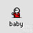 Pixel art baby figure in red outfit with white head, shown across multiple poses on gray background beneath 'baby' text.