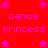 Red background with pink and white stars, 'dance princess' text in pixelated style.