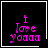 Pixelated pink text "I love you" on black background with white border, show heart and star symbols in bottom-right corner